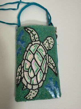 Sea Turtle Beaded Crossbody Handheld Bag Bamboo Trading Company Blue Beach Purse